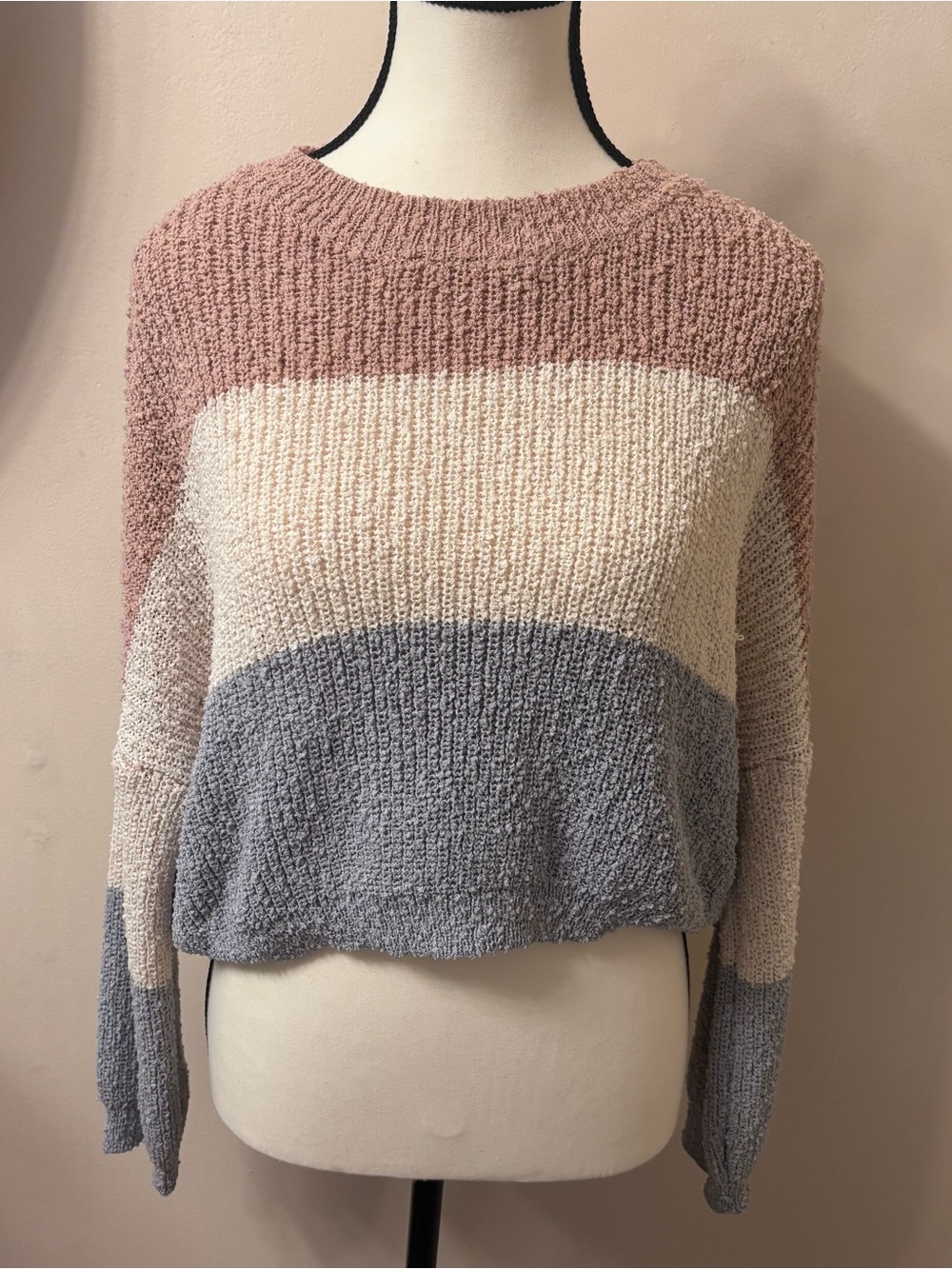 debut Three-Tone Scoop Neck Knit Sweater - Dusty Rose, Cream & Gray